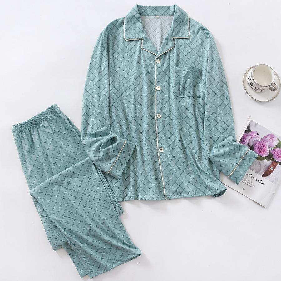 Men's Loose-Fit Pure Cotton Pajama Set: Long Sleeve Cardigan & Pants for Spring/Autumn