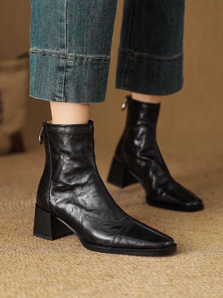 Age Reduction and Thin Temperament French Versatile Square Head Thick Heel Short Boots 2025 Autumn New Rear Zipper Fashion Boots Women