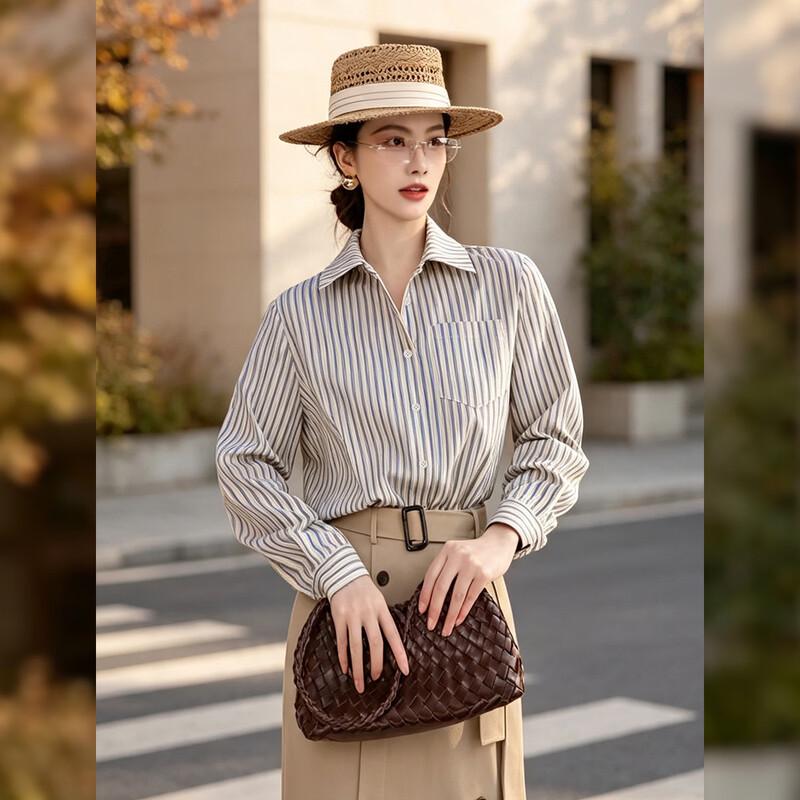Women's Striped Lapel Long Sleeve Shirt