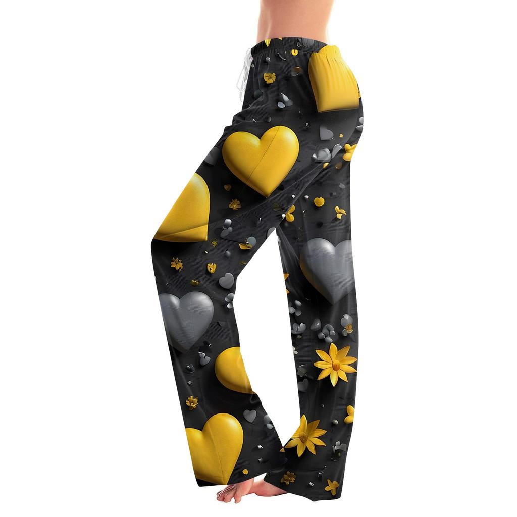 Pantaloni Drepți Casual pentru Femei cu Imprimeu Inimă de Ziua Îndrăgostiților