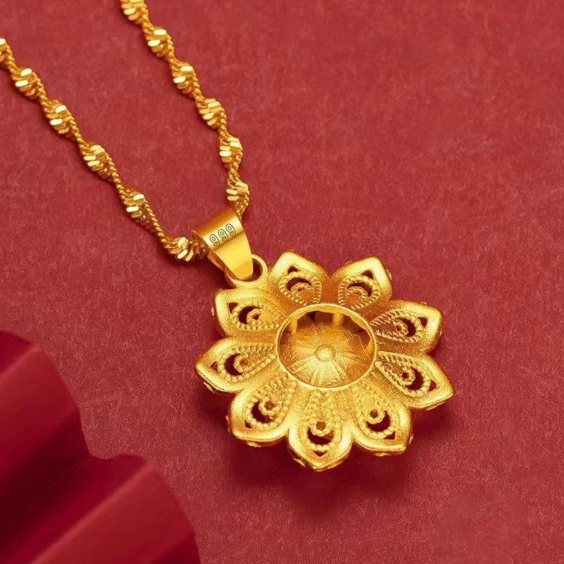 Gold Plated Brocade Flower Pendant Necklace - Double Ripple Clavicle Chain, Perfect Mother's Day Gift.