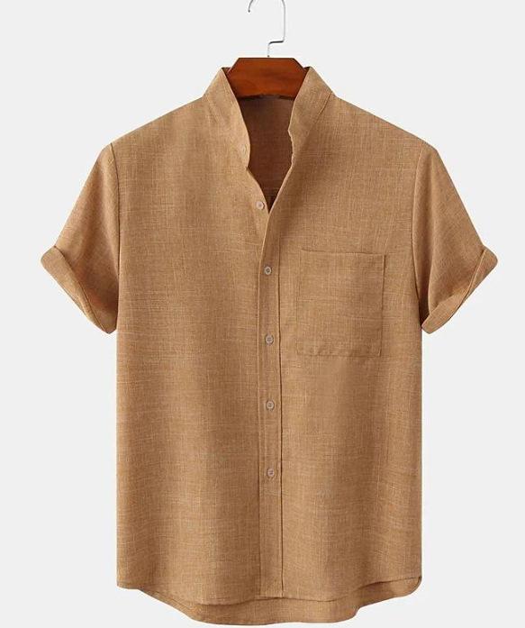 Men's Cotton and Linen Stand-up Collar Short-sleeved Solid Color Shirt Casual Cardigan Men's Shirt