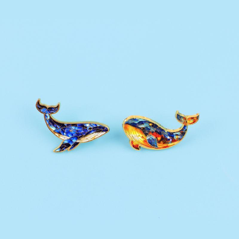 Enamel Whale Brooch Pins Colorful Mosaic Pattern Golden Edge Trim For Backpack Jackets Ocean Lover Gifts