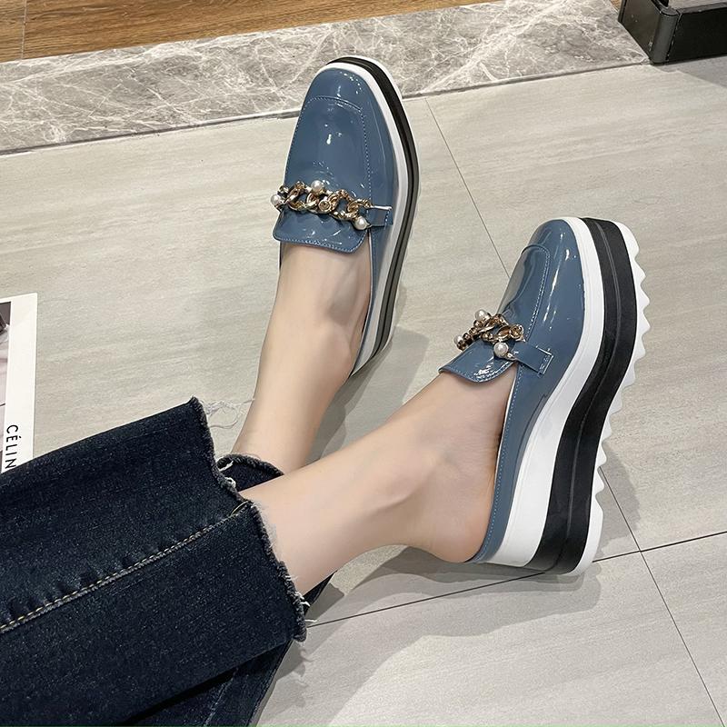 Patent Leather Semi-Slip Women's Square Toe Deep Mouth Pearl Metal Rear Low Non-Slip Wear-Resistant Wedge