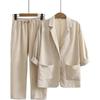 Spring Summer Women Cotton Linen Blazer Suit Solid Notched Long Sleeve Coat+Pants 2pcs Leisure Loose All-Matched Female Sets