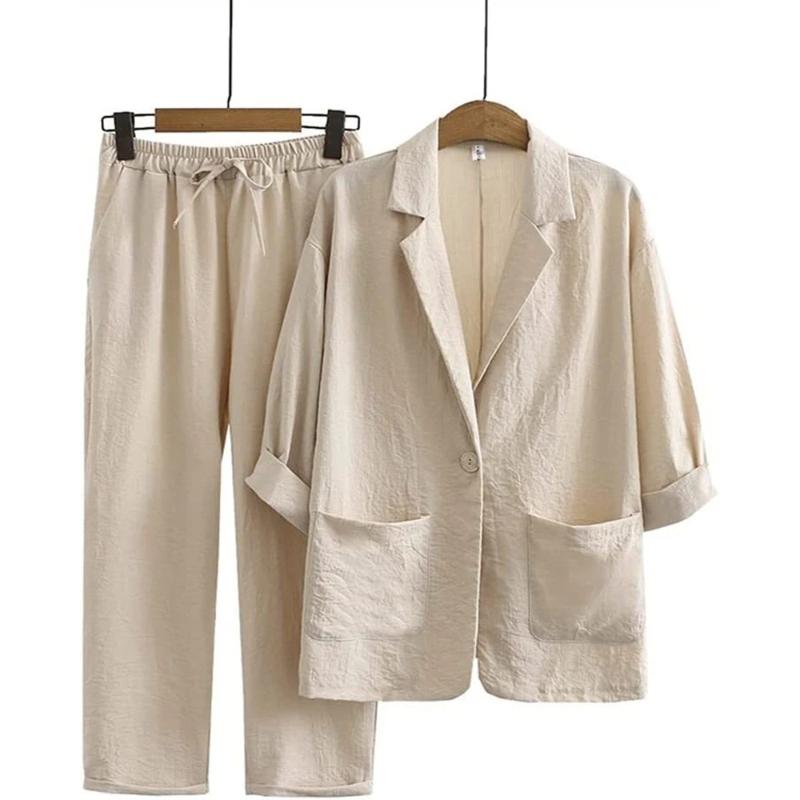 Spring Summer Women Cotton Linen Blazer Suit Solid Notched Long Sleeve Coat+Pants 2pcs Leisure Loose All-Matched Female Sets