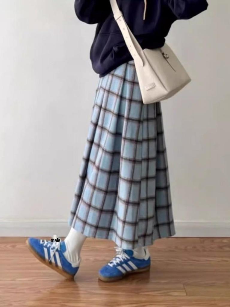 Women's Elegant High-Waist Blue Plaid A-Line Skirt - Retro Academy Style for Autumn/Winter