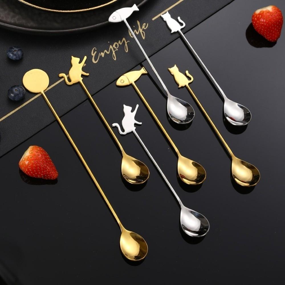 Cartoon Hanging Cup Teaspoons Stainless Steel Cat Fish Design Fruit Dessert Fork Smooth Edges Coffee Stirring Spoon Fruit Eating