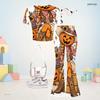 Girls Round Neck Short Sleeve Panda Ghost Printed Top And Flared Pants Two Piece Set