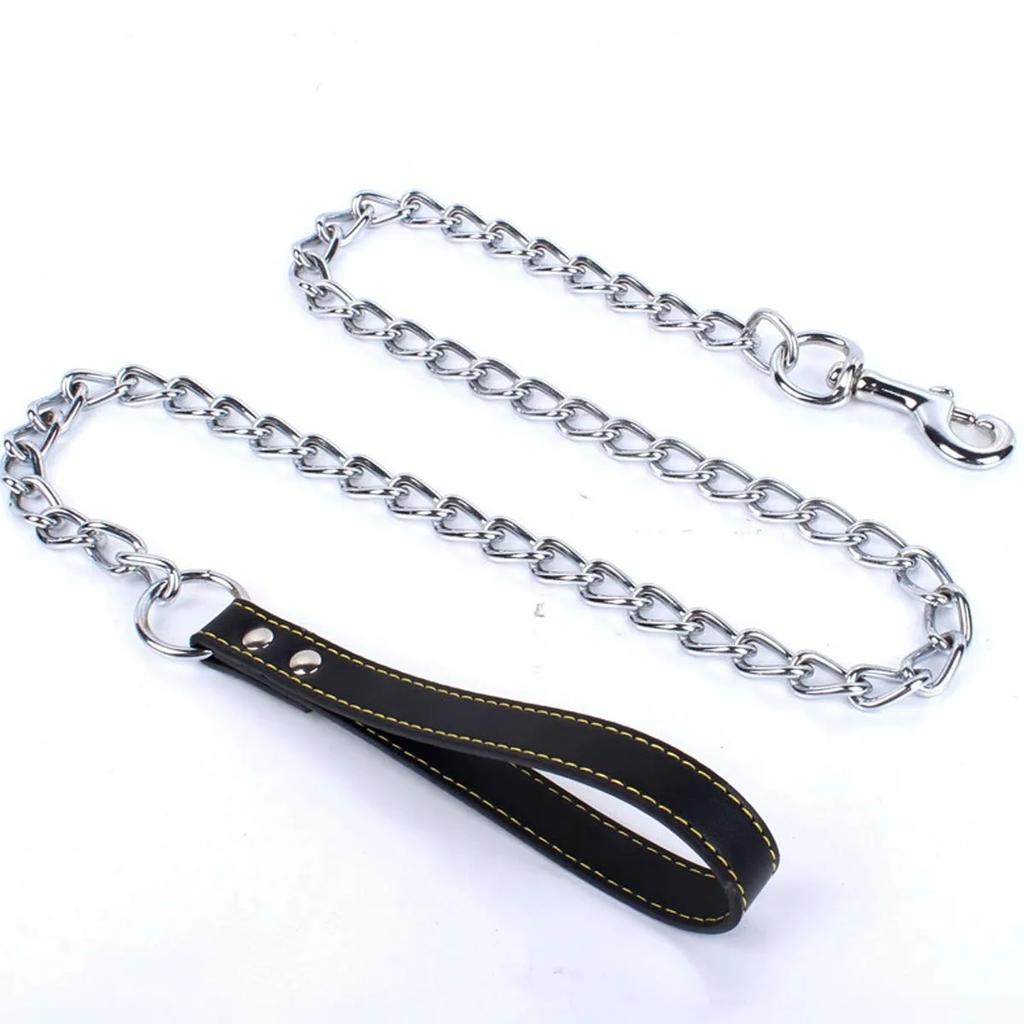 Heavy-Duty Dog Chain Leash 120cm Durable Leather Handle Chew-Resistant Metal Link Ideal for Large Breeds Pet Training & Walking
