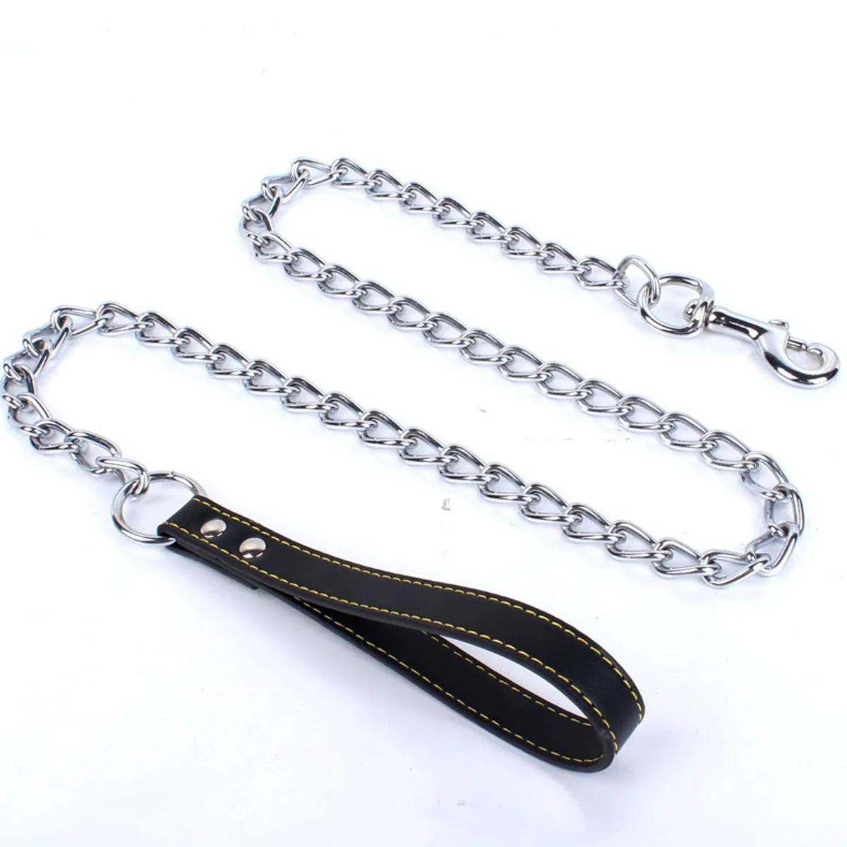 

Heavy-Duty Dog Chain Leash 120cm Durable Leather Handle Chew-Resistant Metal Link Ideal for Large Breeds Pet Training & Walking чёрный