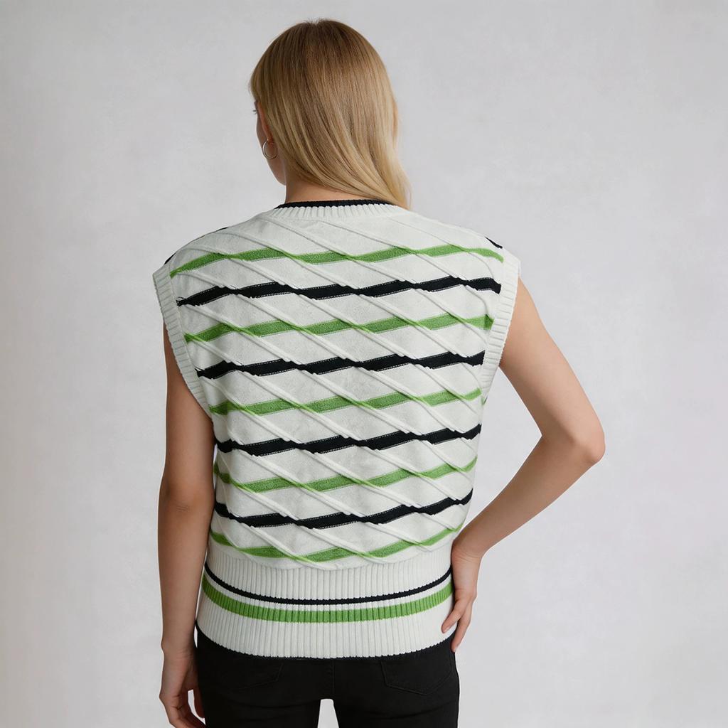 Ladies Preppy Style Knit Vest, V-Neck Diagonal Striped Green & Black Sleeveless Sweater for Fall