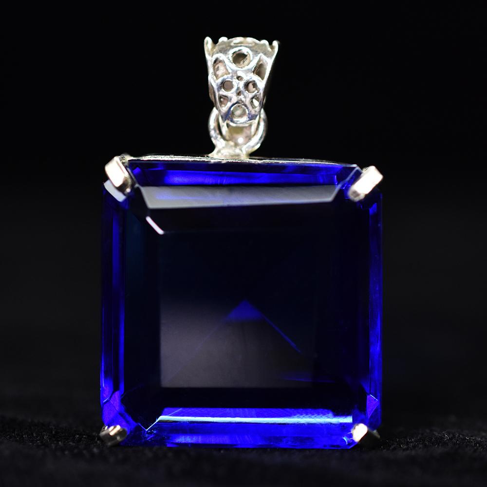 Lab Created Blue Sapphire 99Ct Square 925 Starling Silver Certified Gems Pendant MY.PD-99-NS