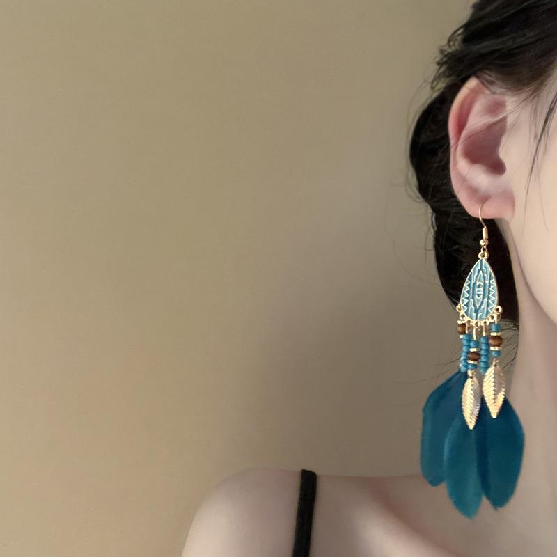 Water drop leaf feather ear hook bohemian retro fringed earrings niche high-end new earrings women