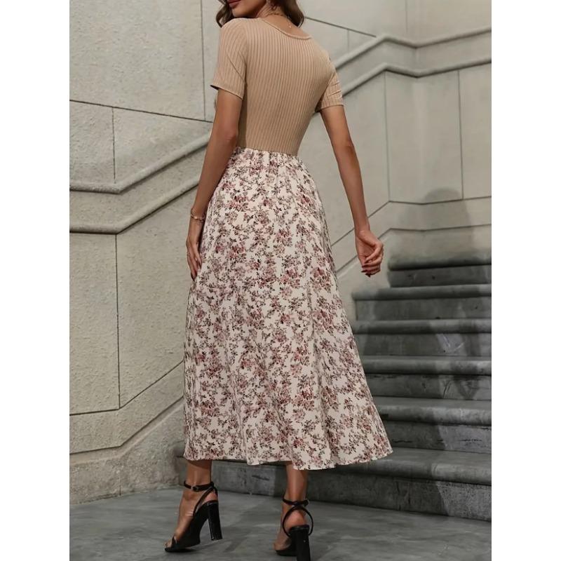 Women Multicolor Splicing Floral Short Sleeve Ladies Dresses Long Dresses