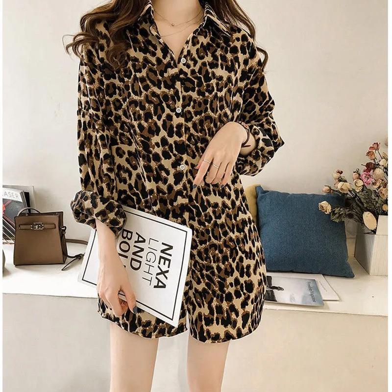 Lady Vintage Leopard Print Long-sleeved T-Shirts Women Spring Autumn Casual Single Breasted Mid-length Shirts Streetwear
