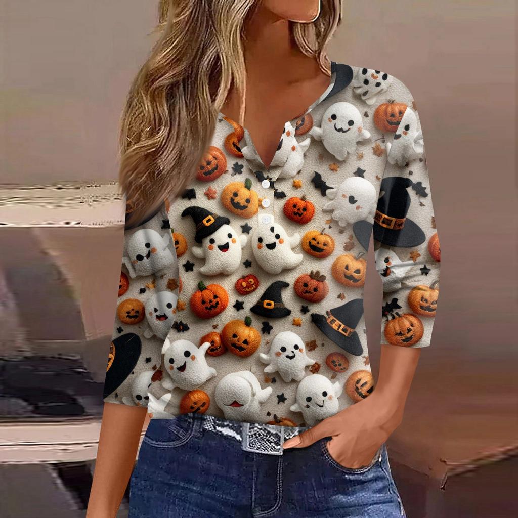 Women's T Shirt Tee Halloween Printed Button 3/4 Sleeve Tunic Daily Weekend Fashion Basic V- Neck Regular Top