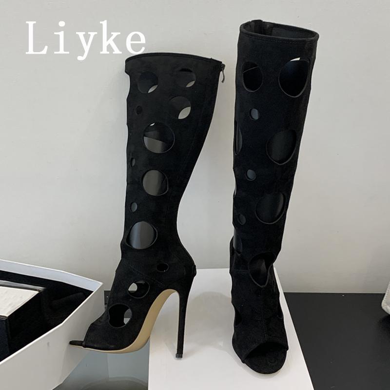 Fashion Liyke Summer Roman Style Hollow Out Long Boots Sandal Women Fashion Peep Toe Zip Stiletto Heels Knee High Shoes Female Sandalias