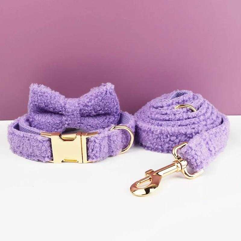 Soft Sherpa Fleece Dog Collar Leash Harness Set Adjustable Personalized Puppy Bowtie Collar for Small Large Dogs