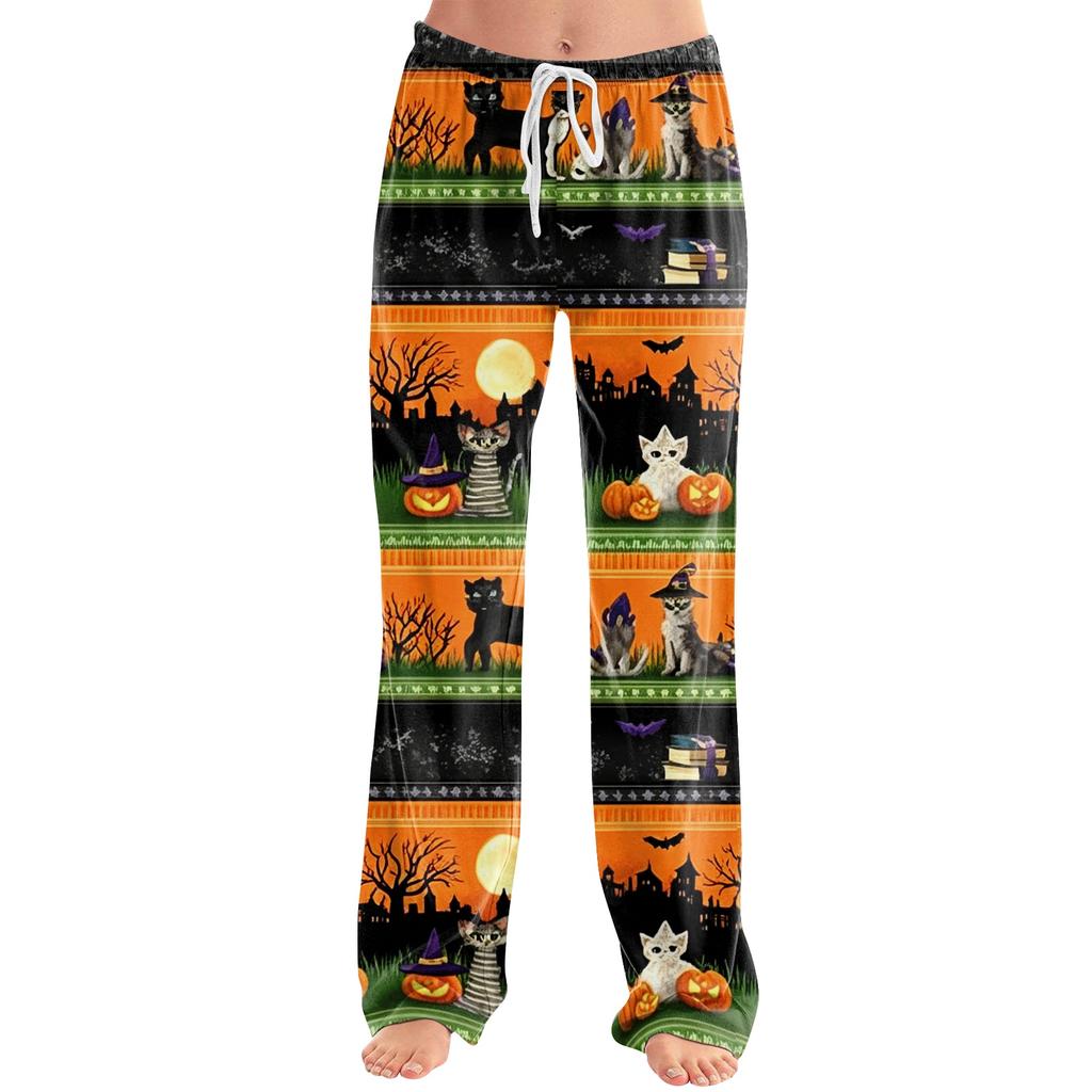 Women's Drawstring Waist Halloween Printed Long Pants Relaxed Fit Casual Trousers with Festive Pumpkin Bat Pattern