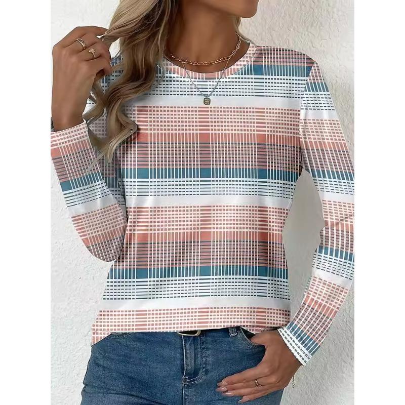 Women's T-shirts Casual Long Sleeve Tops Fashion Striped Graphics Tees Shirts Blouse O-neck Autumn Winter Streetwear Pullover