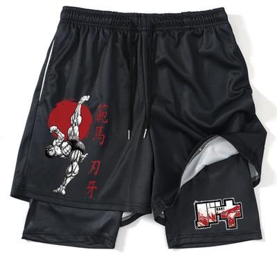 Pantaloni scurți de sport Anime Hanma Baki negri pentru bărbați Pantaloni scurți de bord cu plasă 2 în 1 cu uscare rapidă pentru bărbați, culturism, fitness, alergare, pantaloni scurti de vară