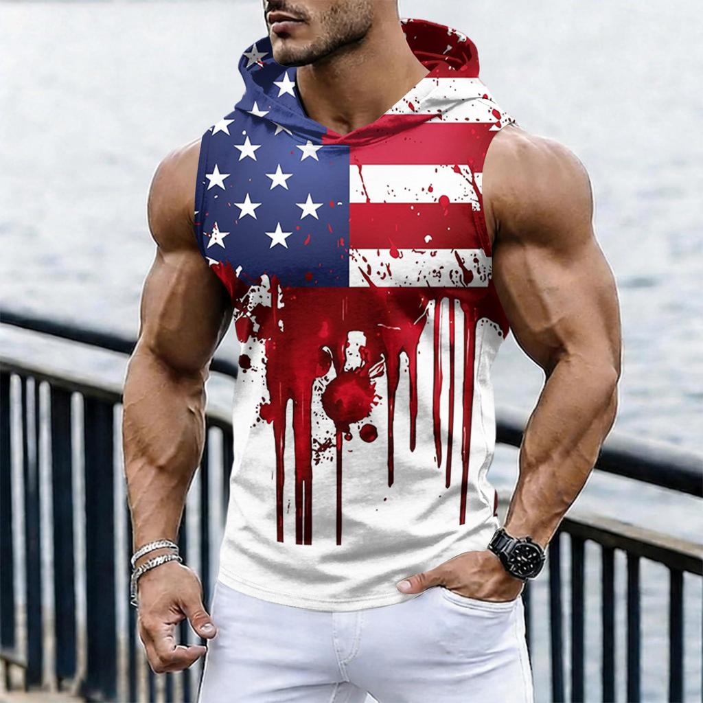 Men's Casual Sleeveless Hoodie Tank Top with Independence Day Print Lightweight Summer Muscle Fit Activewear