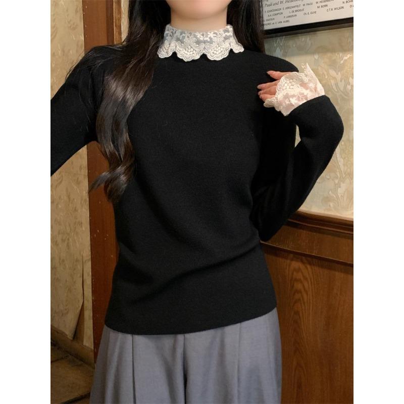 Lace semi-turtleneck bottoming shirt women's autumn and winter sweet inner long-sleeved warm Andy fleece knit sweater top