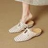 Fashion 2025 New Summer Women Mules Genuine Leather Women Shoes Square Toe Chunky Heel Shoes Cover Toe Slingback Sandals Slippers