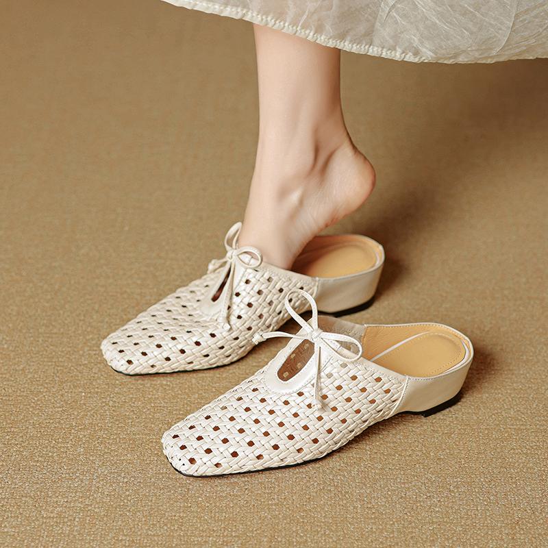 Fashion 2025 New Summer Women Mules Genuine Leather Women Shoes Square Toe Chunky Heel Shoes Cover Toe Slingback Sandals Slippers