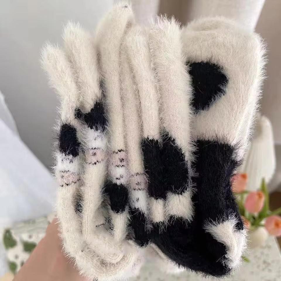 2 Pairs Cute Cow Spots Print Socks, Thickened & Warm Coral Fleece Socks, Women's Stockings & Hosiery