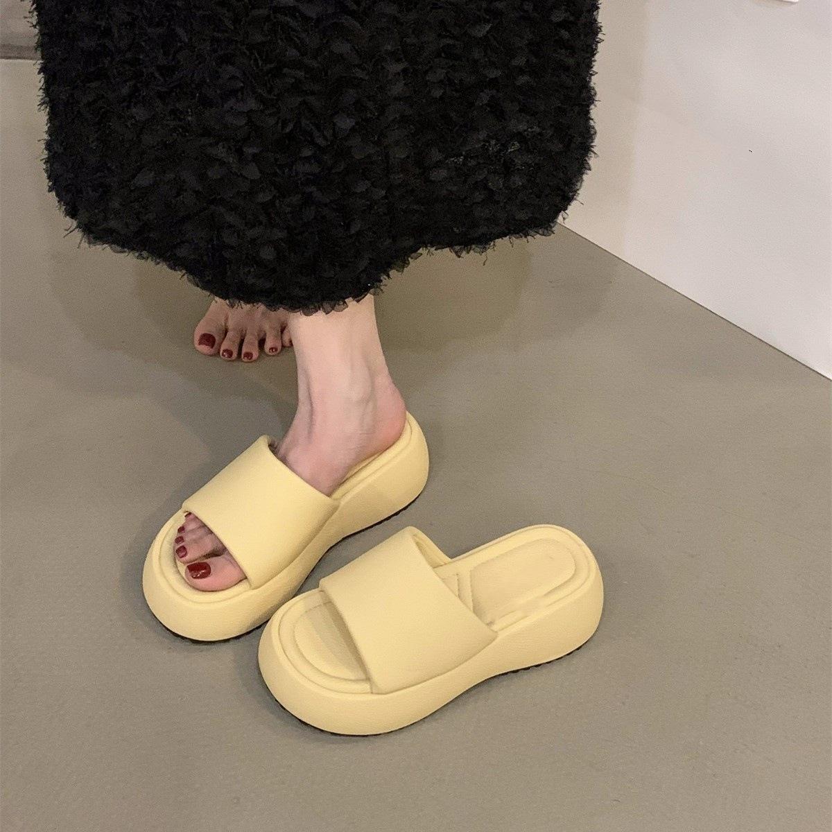 

Thick-soled one-word slippers women s shoes with skirts, wedges, high heels, sandals, yellow sandals. 35