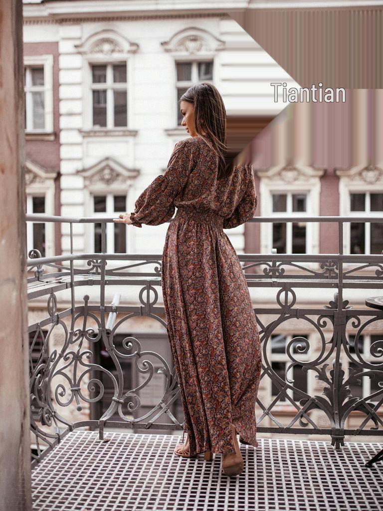 2024 Summer European & American Print V-neck Slit Dress with Long Sleeve & Waist Tie