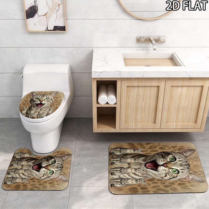 Cute Cat 3D Pattern 3Pcs Bathroom Rug Set, Non Slip Absorbent Bath Mat, Contour Mat & Toilet Lid Cover, Bathroom Decor