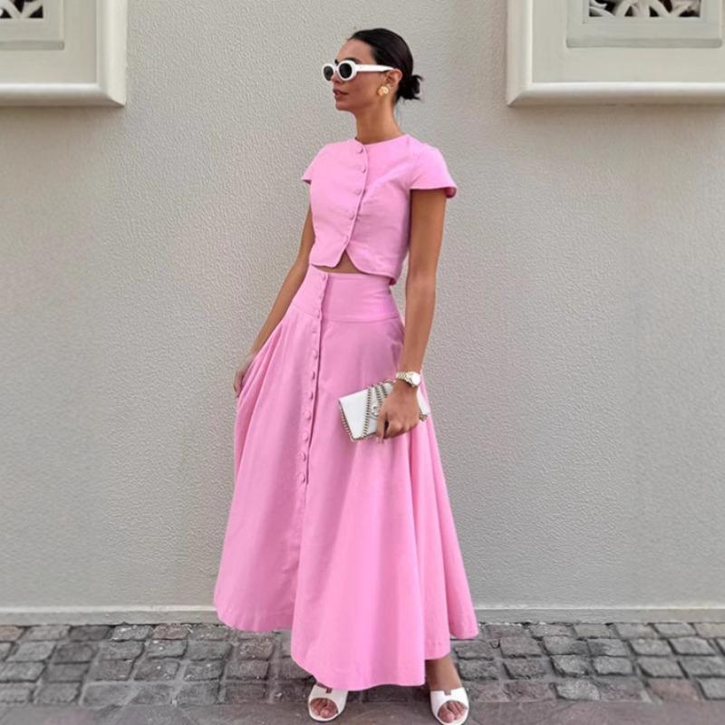 Temperament Elegant A-shaped Long Dress Set Women's Autumn Pink Top Skirt Two-piece Set Women's Clothing