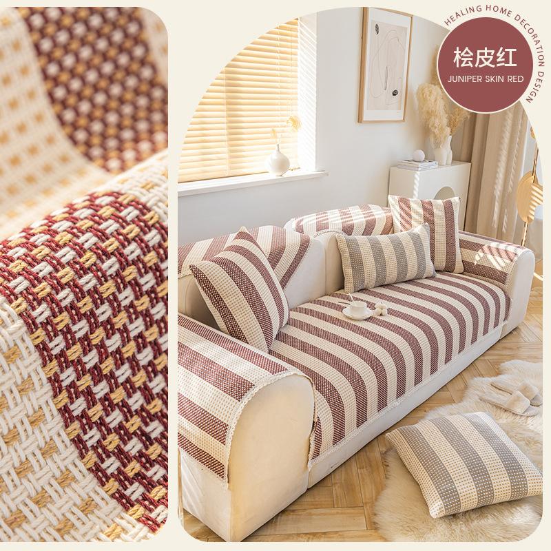 Japanese Style Sofa Cover Cotton Linen Thread Woven Stripe Sofa Slipcover All Season Anti-Slip Cushion Breathable Wear-Resistant
