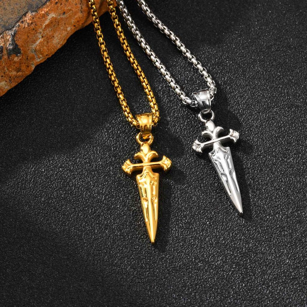 Fashion Punk Cross Sword Pendant Necklace for Men, Gold Silver Color Stainless Steel Chain Necklace, Creative Cool Jewelry