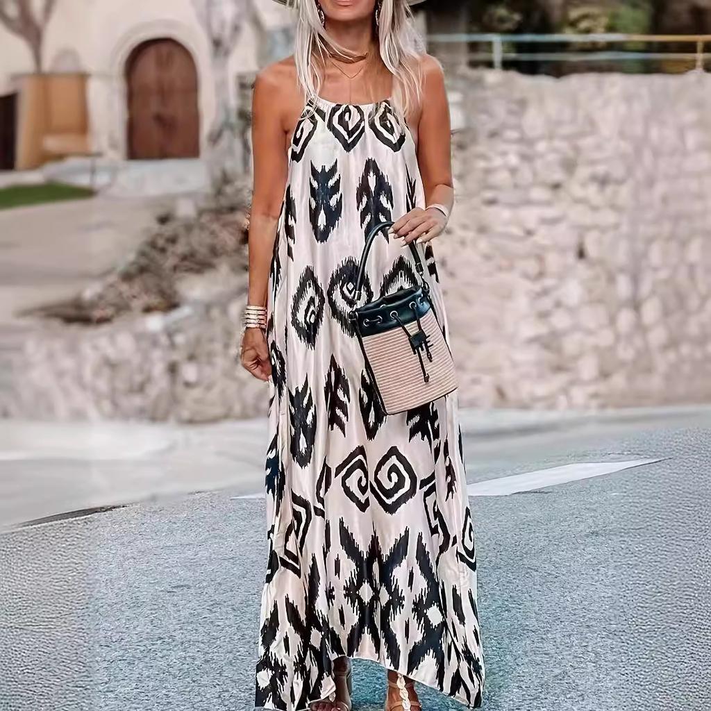 Summer Women's Sleeveless Pullover Halter Dress Fashion Loose Printed Long Dress