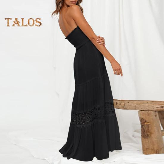 Women's Off Shoulder Maxi Dress Summer Smocked Lace Trim A Line Swing Dress Boho Strapless Flowy Beach Sundress