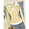 Women S Long Sleeve Polo Shirt Color Block Knit Top