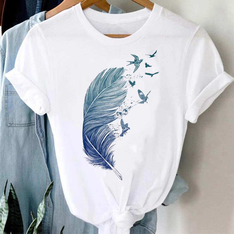 Women's T-shirt Watercolor Feather Graphic Printed T Shirt Women Short Sleeve Tshirt 90s Streetwear Female Clothes Tops