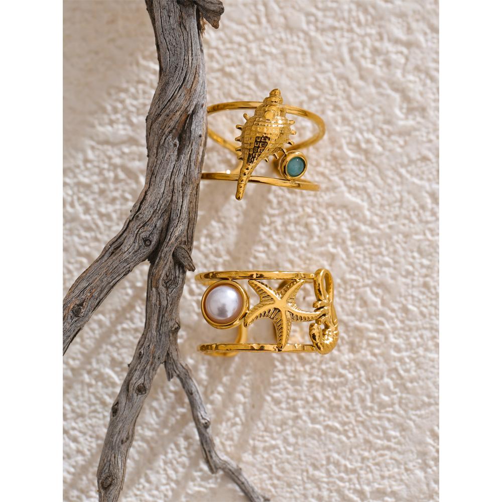 Eetit Ocean Style Seahorse Starfish Shell Open Adjustable Ring PVD Plated Golden Holiday Finger Adjustable Jewelry Wholesale