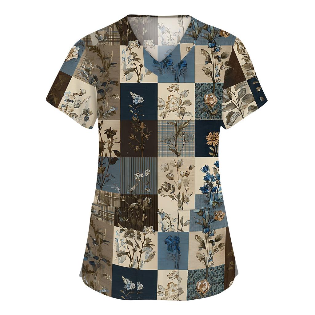 Damesmode werkkleding met V-hals, korte mouwen en bedrukte zakken