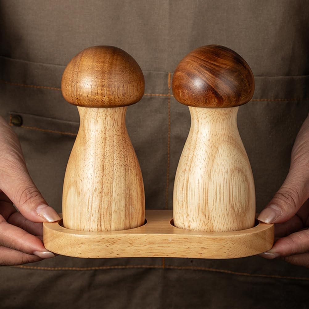 ABOOFAN 2 Stück Pilz Salz- und Pfeffermühle Set mit Basis Holz Pfeffermühle Manuell für Küche