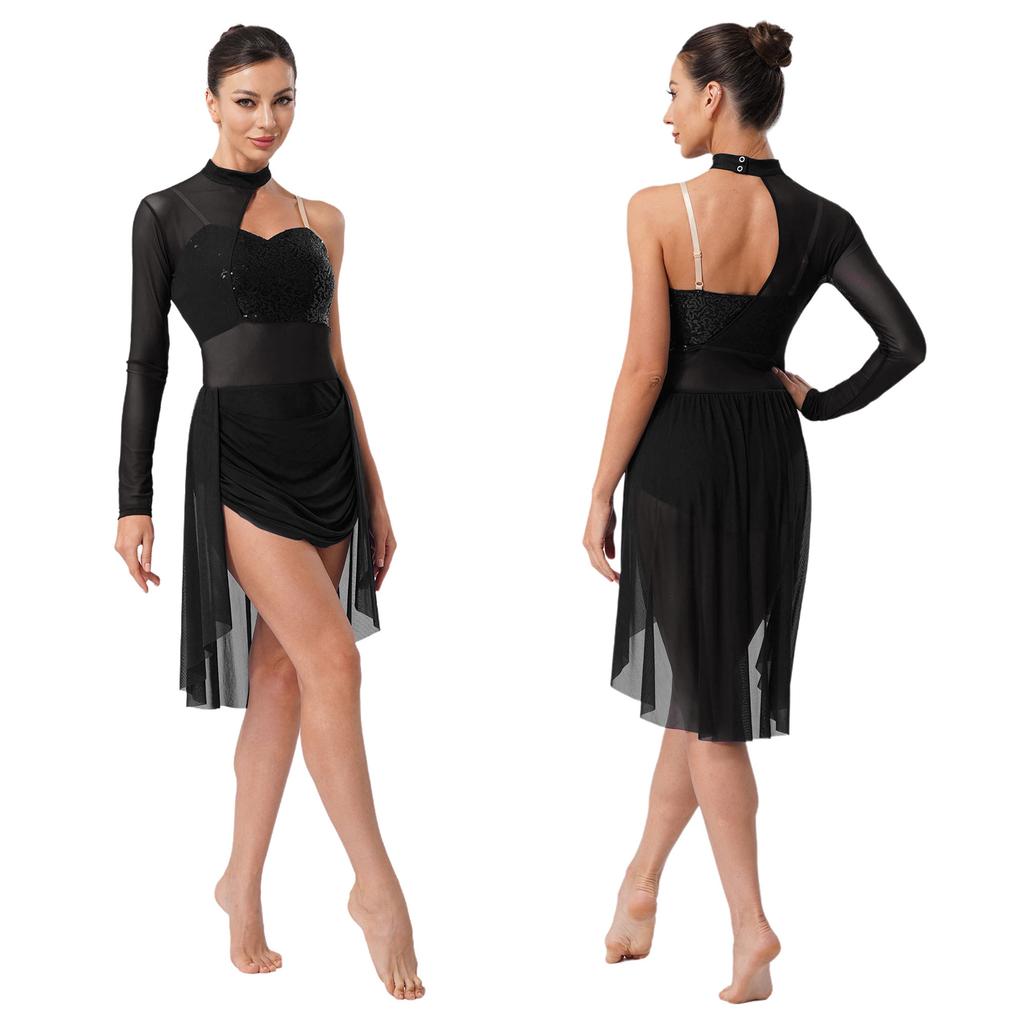 Damen Lyrischer Tanz Trikot Rollkragen Verstellbare Spaghettiträger Ein Schulter Glitzernde Pailletten Kleid