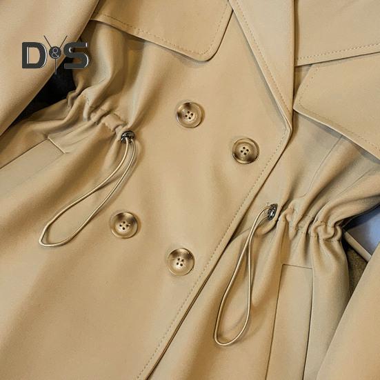 Winter Women Jacket Long Sleeves Elastic Drawstring Waist Pockets Windbreaker Double-breasted Coat Mid Length Windproof Warm Coat