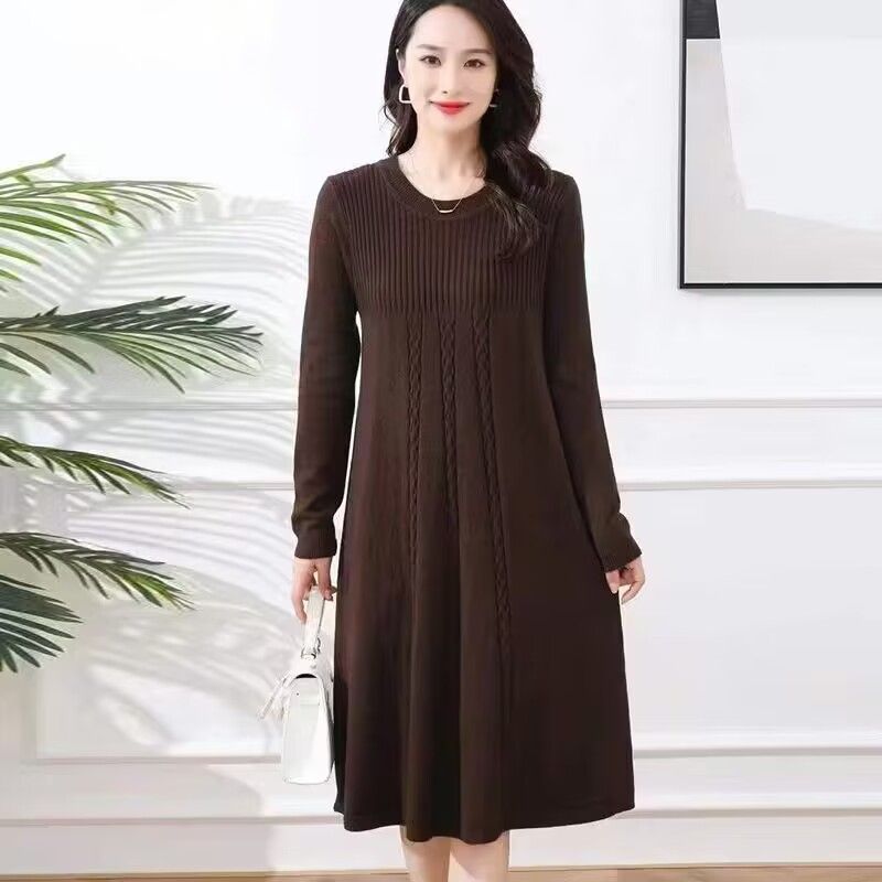 Korean-style Loose Mid-length Pullover for Women Spring Autumn and Winter Knitted Dress Solid Color Casual Sweater