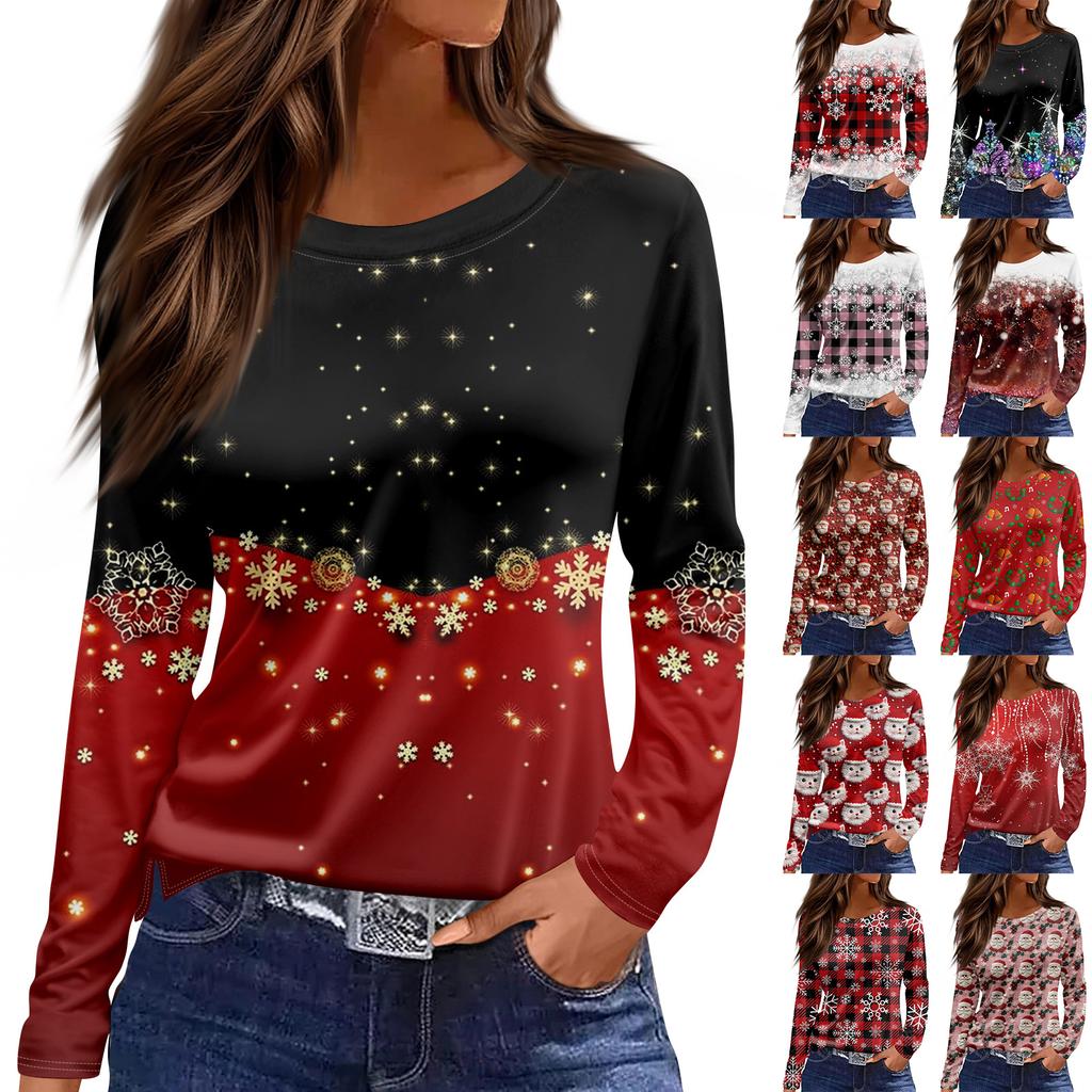 Women's Fashion Casual Slit Hem Round Neck Long Sleeve Loose  Printed T-Shirt Ladies Top