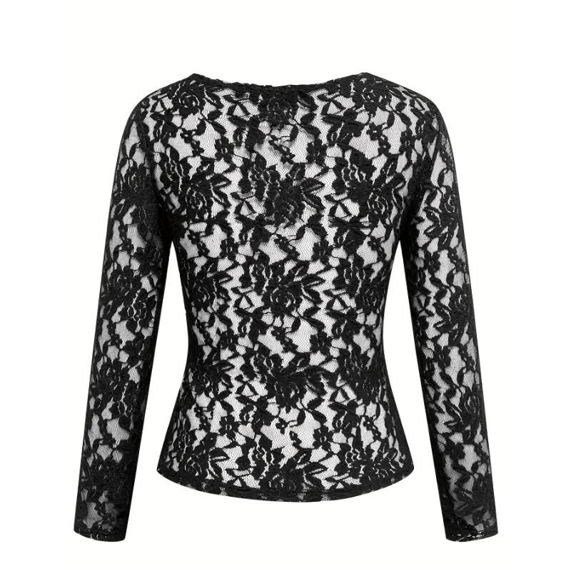 Women's Elegant V-neck Scalloped Neck Edge Solid Colour Long Sleeve Slim Slim Pullover Lace Top