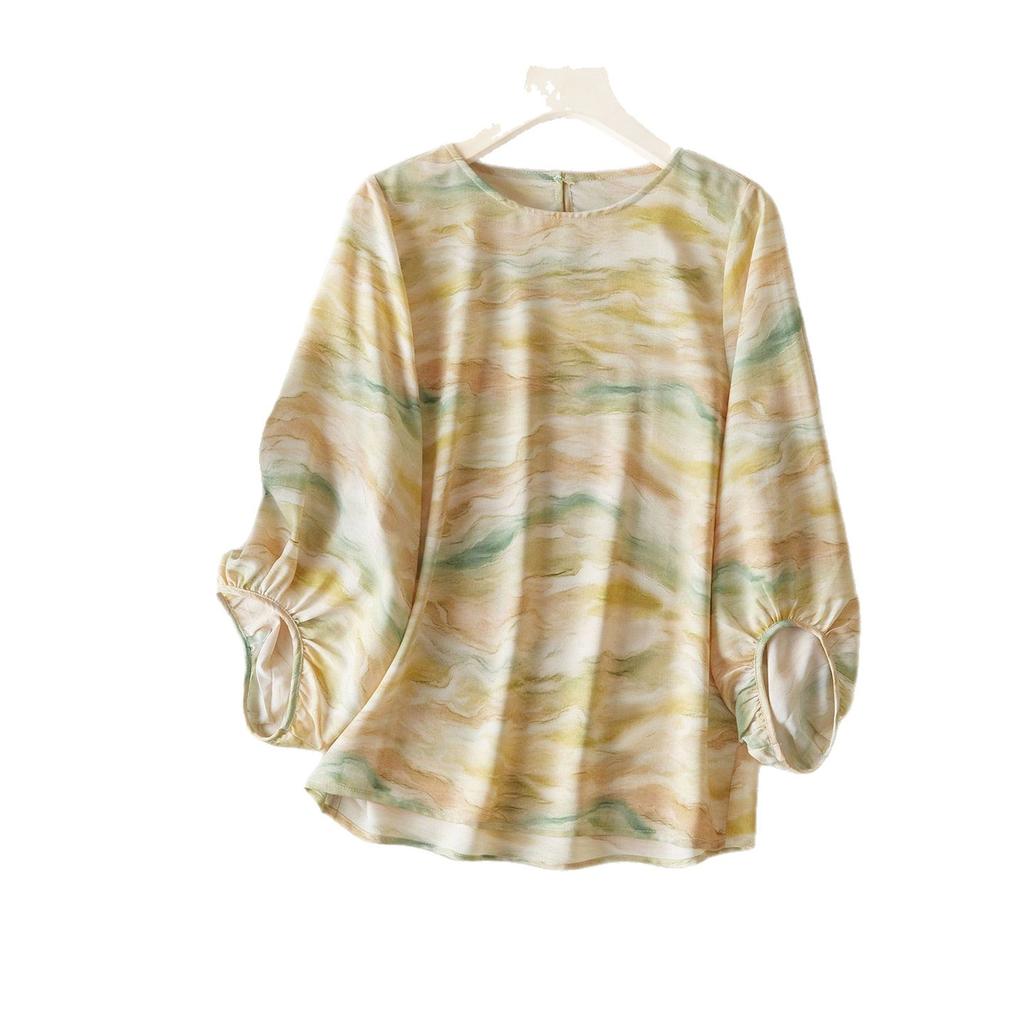 Summer new fashion light and cool smudged printed chiffon t-shirt women's slim shirt lantern sleeve top